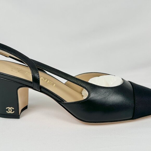 CHANEL SLINGBACK CAP TOE HEELS BLACK